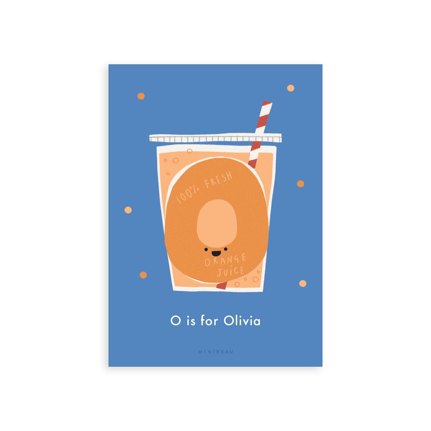 Personalised Happy Alphabet O in the shape of a glass of fresh Orange Juice with a red and white straw. Blue Background.