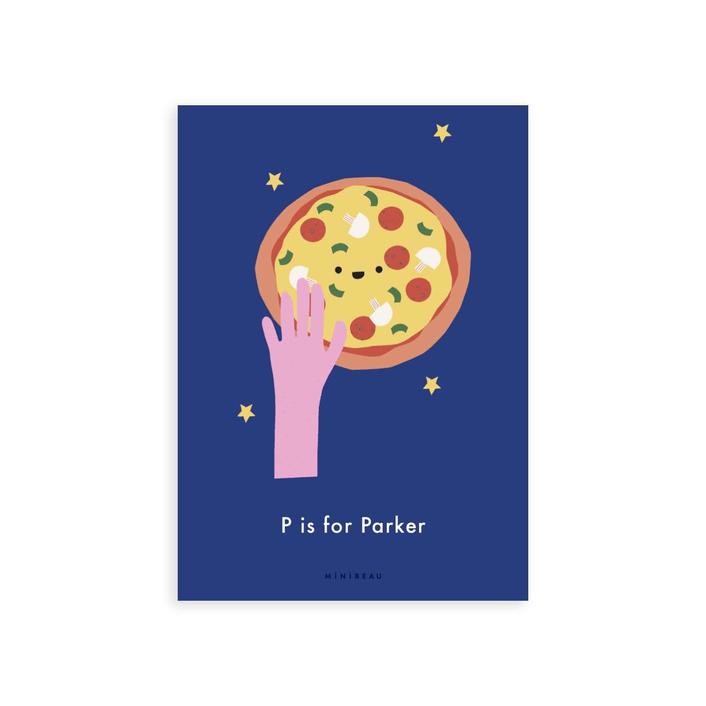 Personalised Happy Alphabet P in the shape of a hand holding a pizza. Topped with mushrooms, pepperoni and herbs. Blue Background.