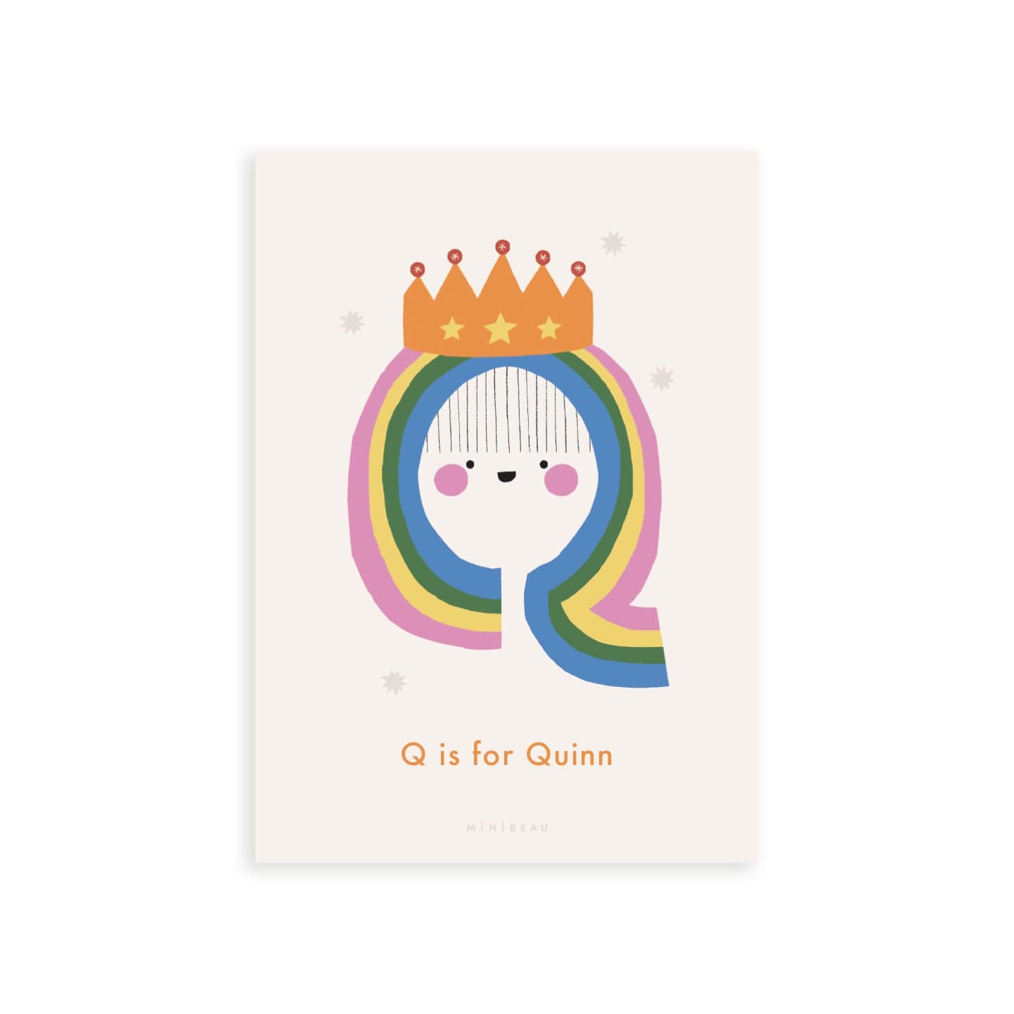 Personalised Happy Alphabet Q in the shape of a rainbow Queen with a smiley face wearing a crown. Cream background.