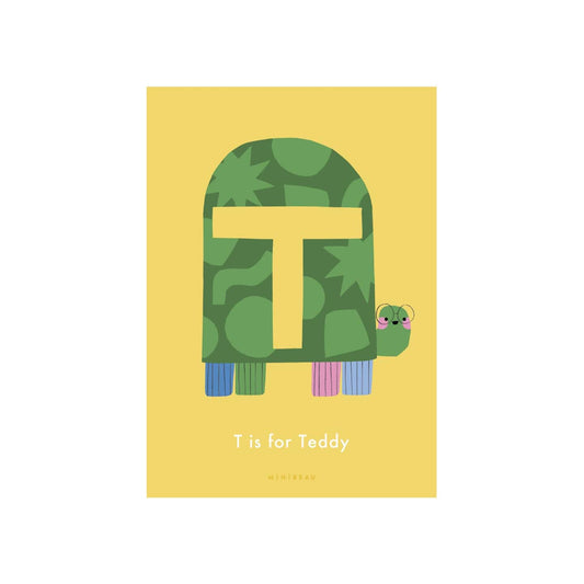 Personalised Happy Alphabet T in the shape of a smiley green turtle. Yellow background.