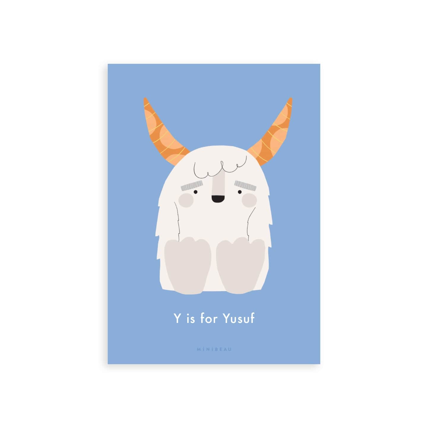Personalised Happy Alphabet Y in the shape of a white furry yeti with big orange horns. Blue background.