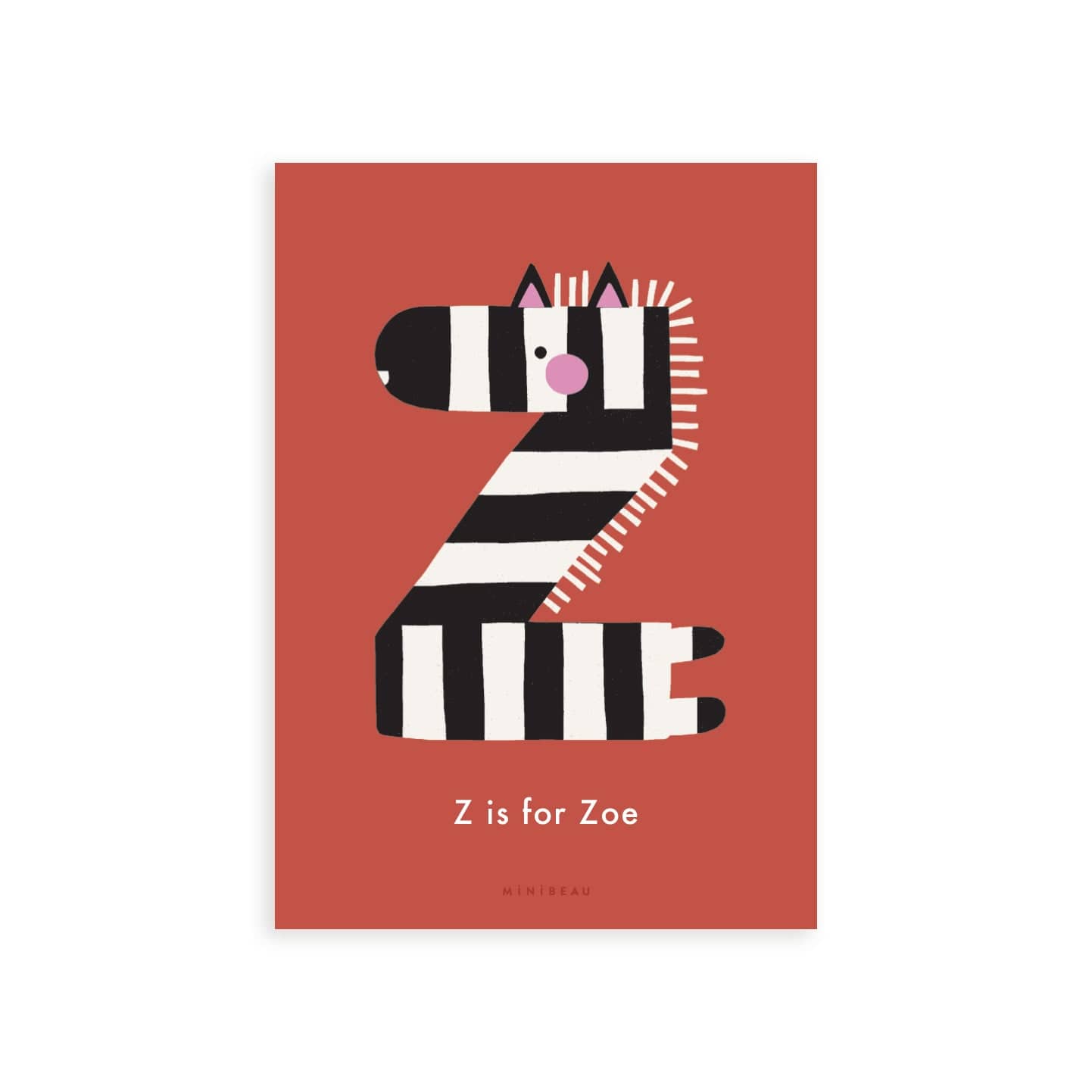 Personalised Happy Alphabet Z in the shape of a Zebra. Red Background.