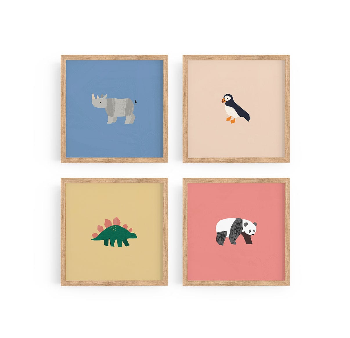 Image of a gallery wall made up of our square safari art prints, puffin, rhino, dino, and panda in natural wood frames on a white background