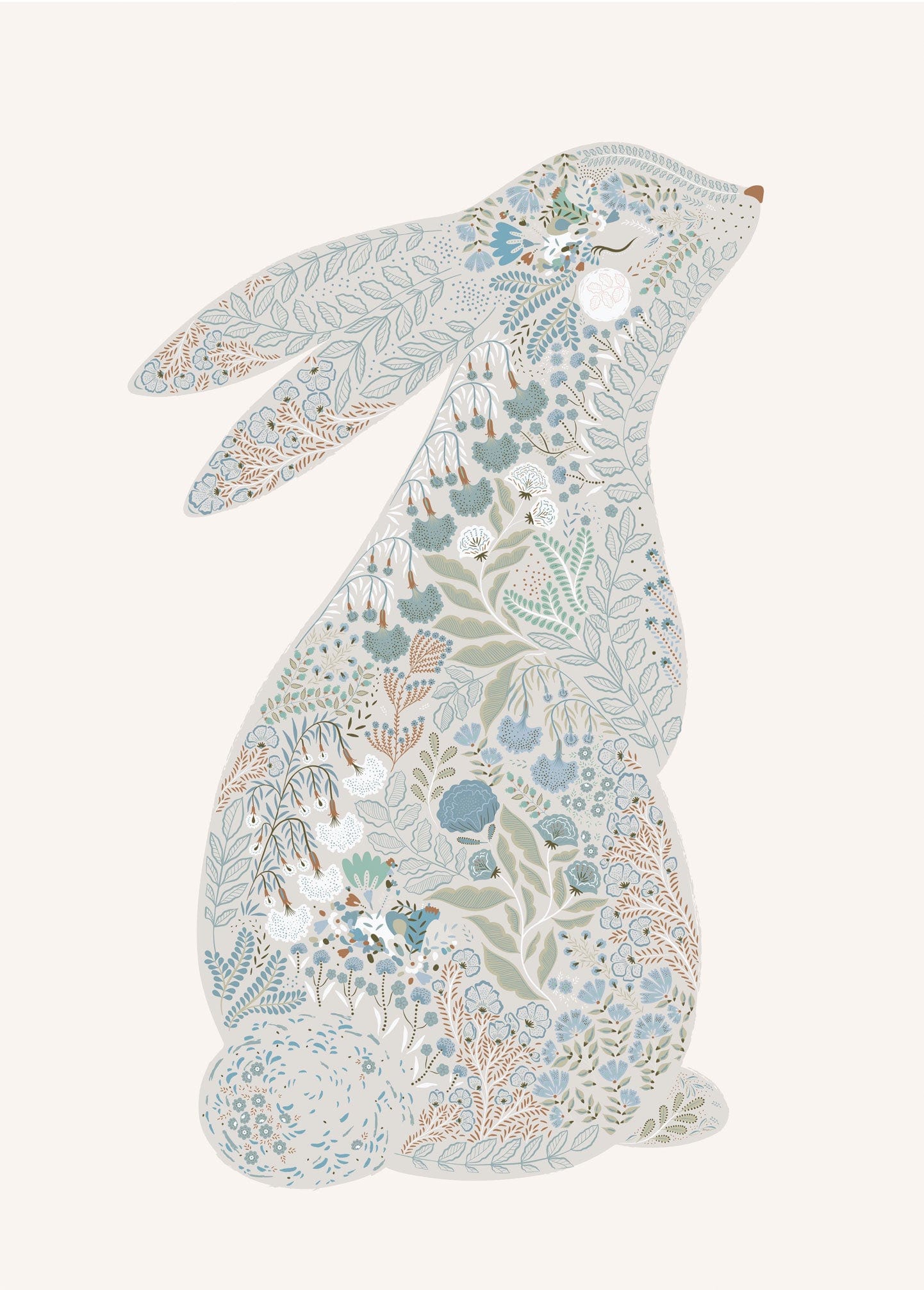 Floral inspired blue bunny wall hanging with oak wood apparatus