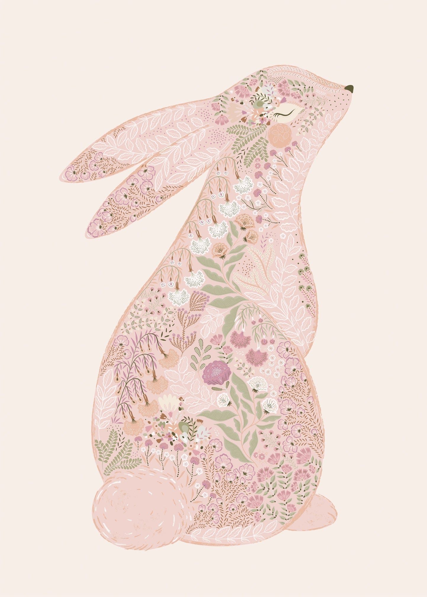 Floral inspired pink bunny art wall hanging with oak wood hanging apparatus  