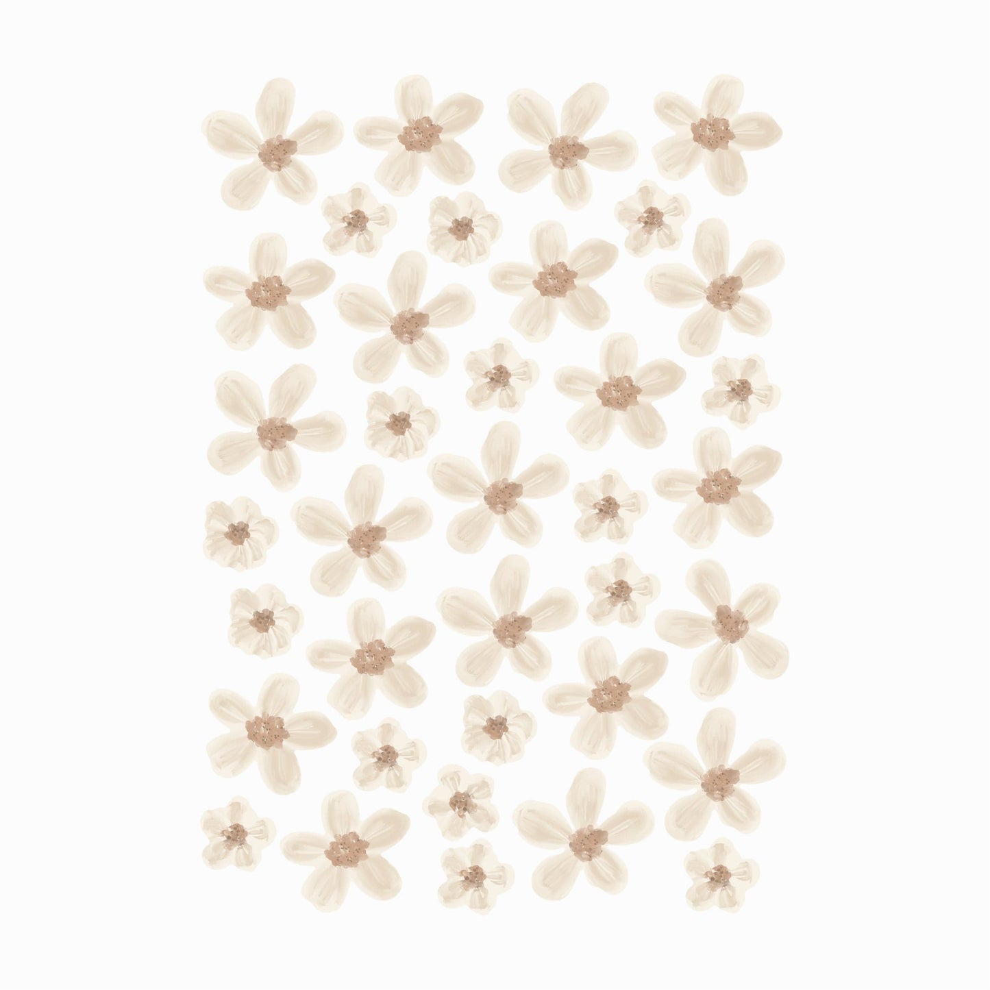 A sheet of our Murs Clairs Elle Flower stickers. Each sticker has a brown irregular centre with black specks. The petals are cream of varying tones with watercolour style details