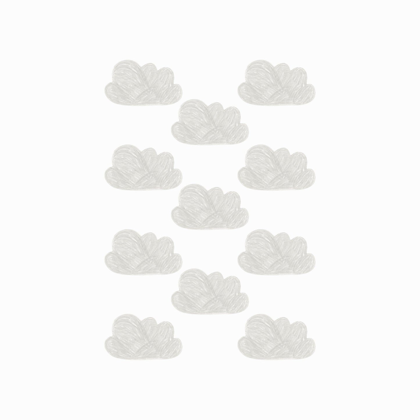 Image showng a sheet of the hand-painted mini cloud wall stickers in grey