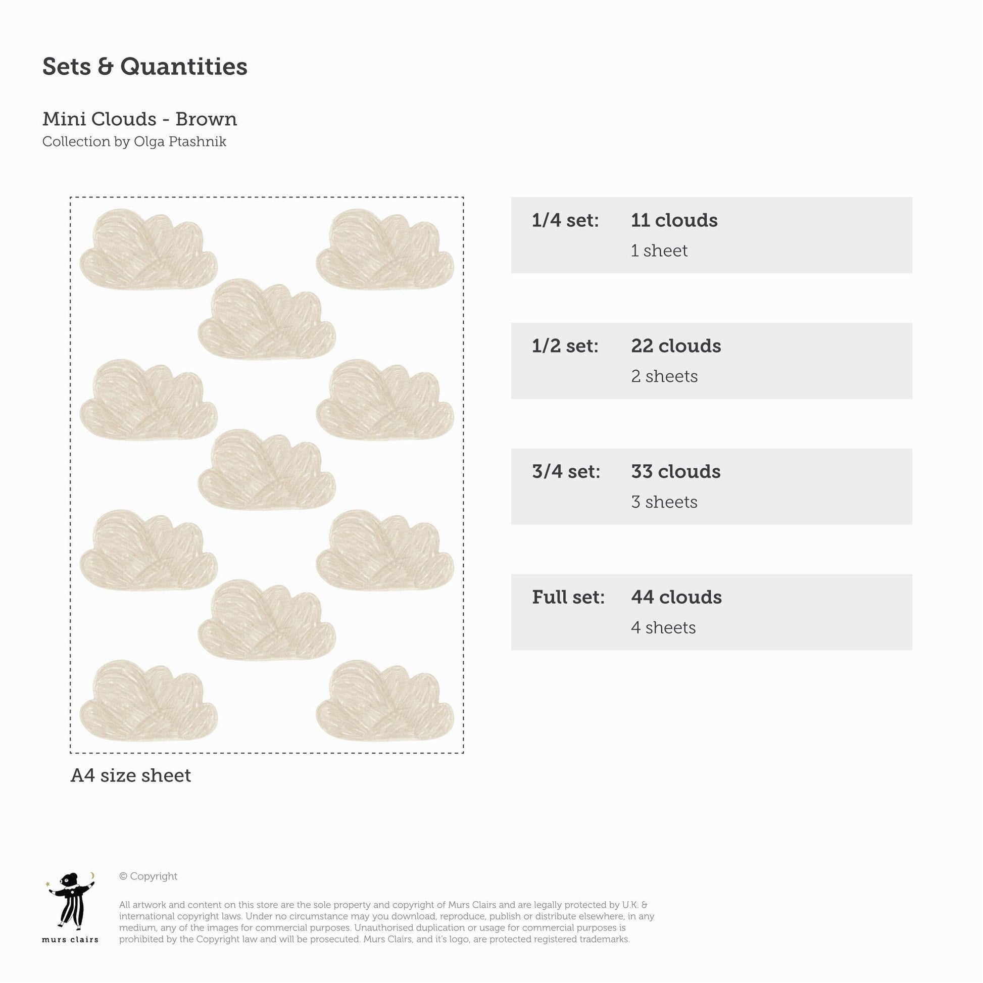 Image showing 1 full A4 sheet of cloud stickers and how many is on each sheet. Each sheet has 11 cloud stickers.
