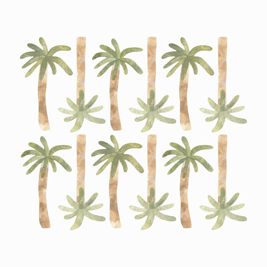 Image showing a sheet of palm tree wall stickers. Trees are watercoloured brown trunks, with 8-9 palm leaves at the top.