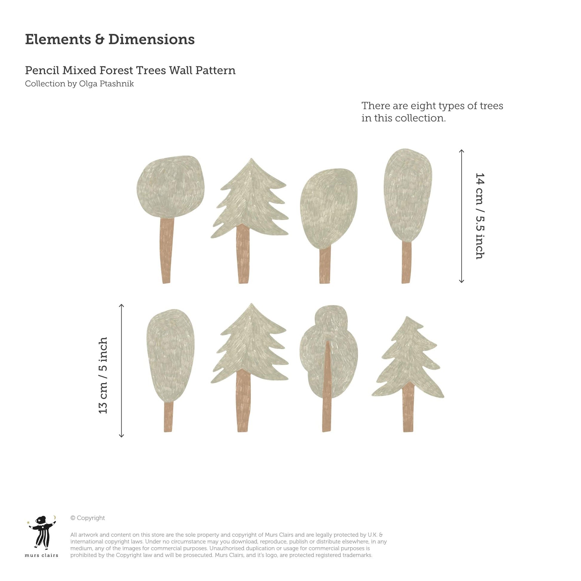 Image showing the heights of the 8 different types of tree sticker. 4 are 14cm tall and 4 are 15cm tall