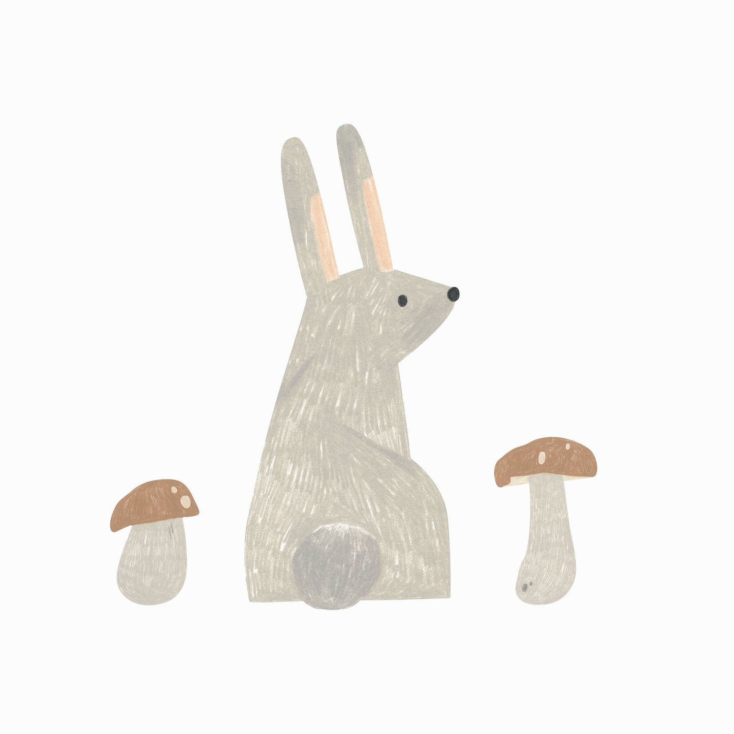 Showing the hand-drawn rabbit and 2 toadstool sticker sheet. Rabbit is a brown/grey colour and is facing away so we can see it's tail and is looking over it's shoulder.