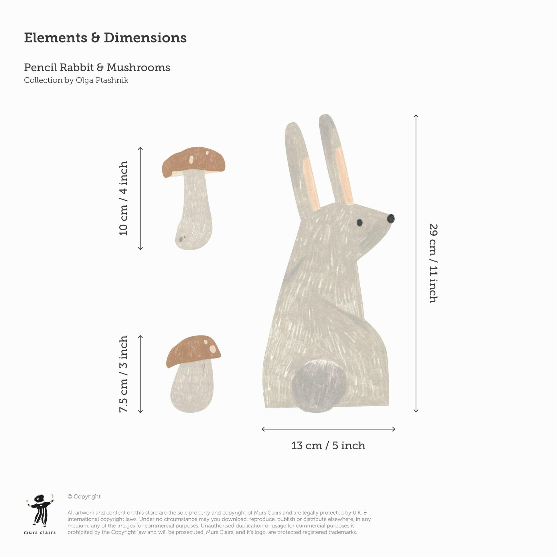 Image showing the size of the stickers - the rabbit is 13cm wide and 29cm tall. Toadstools are 10cm tall and 7.5cm tall