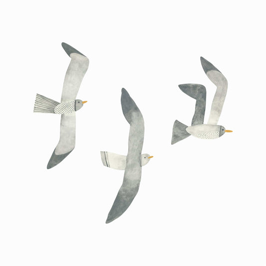 Image to show the sheet of seagull wall stickers featuring 3 handpainted flying seagulls