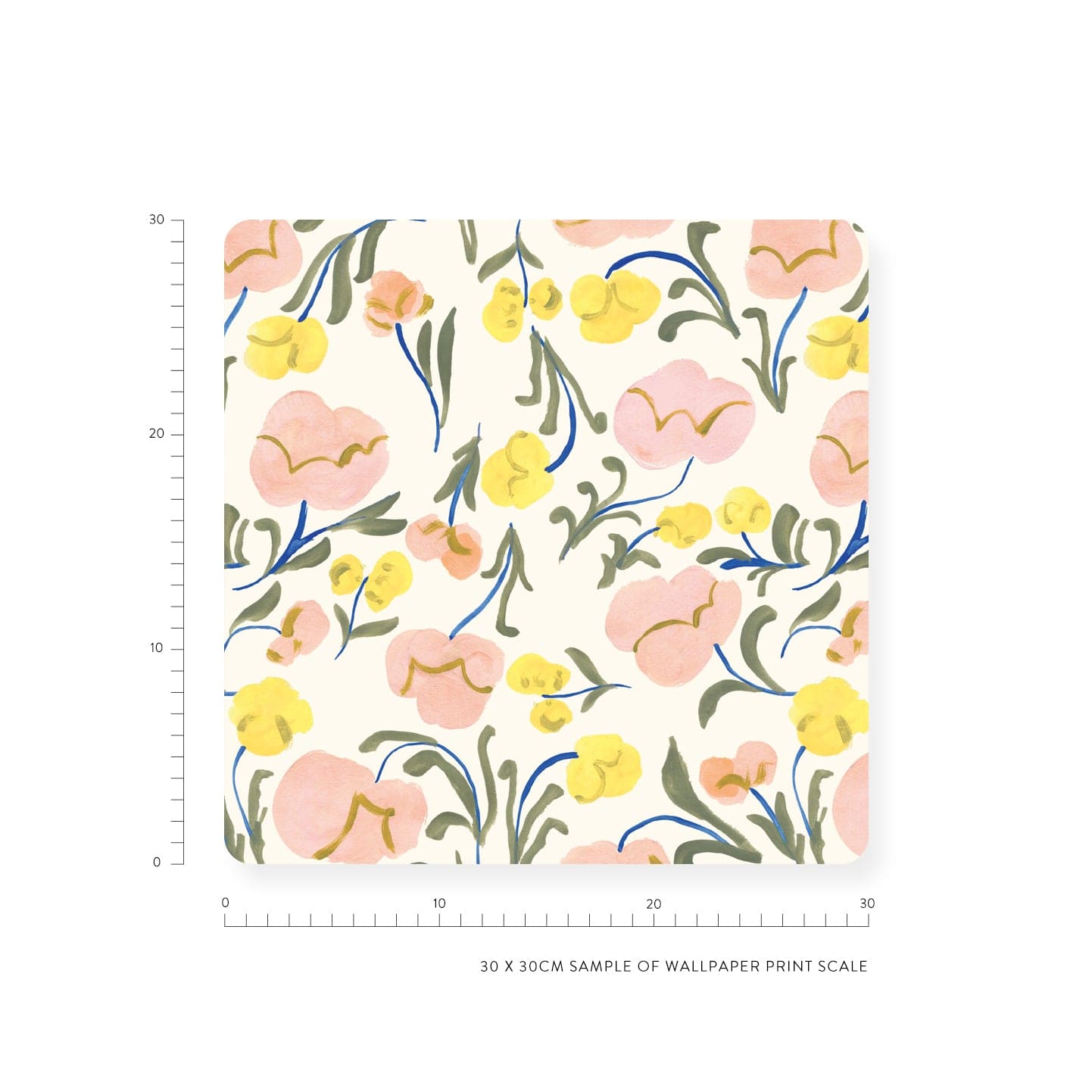 Floral wallpaper with pink and yellow flowers, blue stems and green leaves showing the scale of the wallpaper