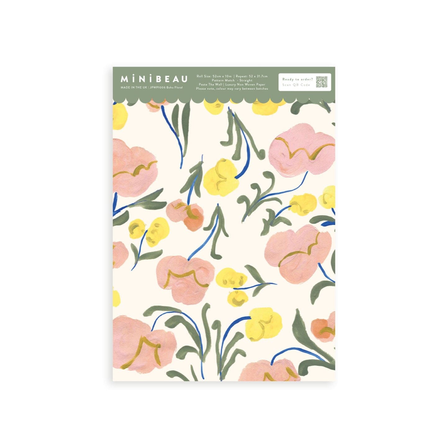 Sample of Floral wallpaper with pink and yellow flowers, blue stems and green leaves