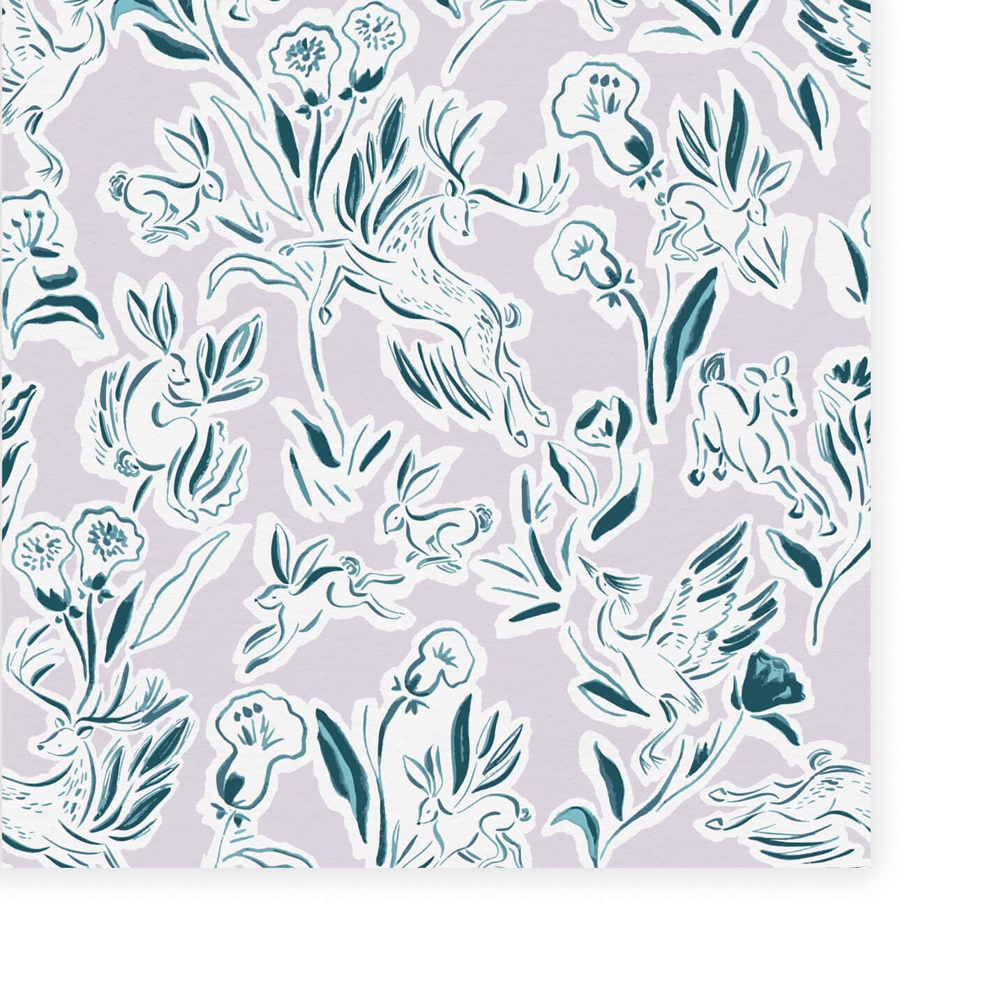 Wallpaper sample of teal deers, rabbits and flowers with a pastel purple background.