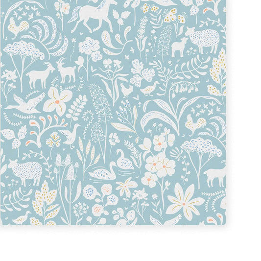 Wallpaper of white flowers, leaves, swans, chickens, deers, ducks with a blue background.