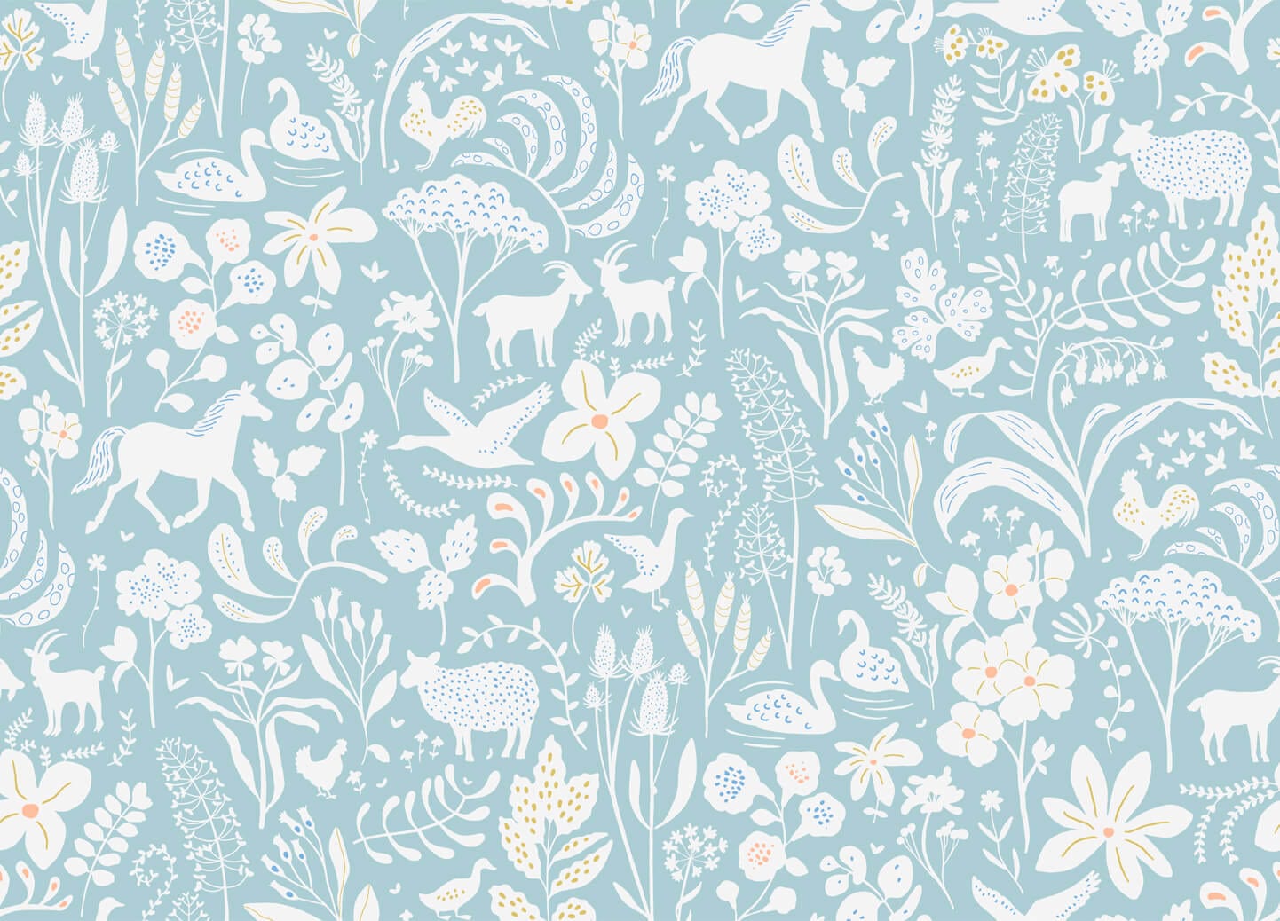 Wallpaper of white flowers, leaves, swans, chickens, deers, ducks with a blue background.