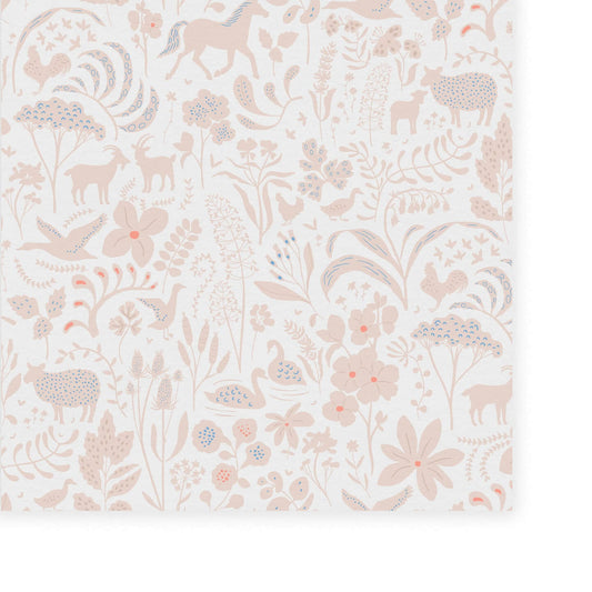 Wallpaper of ecru coloured flowers, leaves, swans, chickens, deers, ducks with a white background.