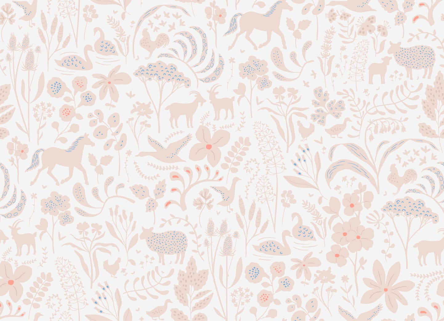 Wallpaper of ecru coloured flowers, leaves, swans, chickens, deers, ducks with a white background.