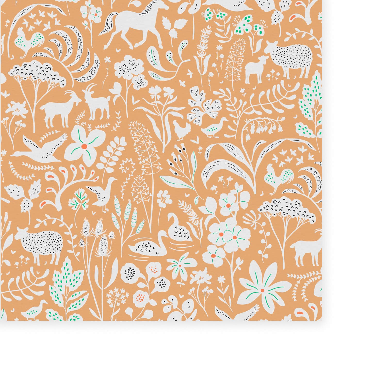 Wallpaper of white coloured flowers, leaves, swans, chickens, deers, ducks with a Ochre orange background.