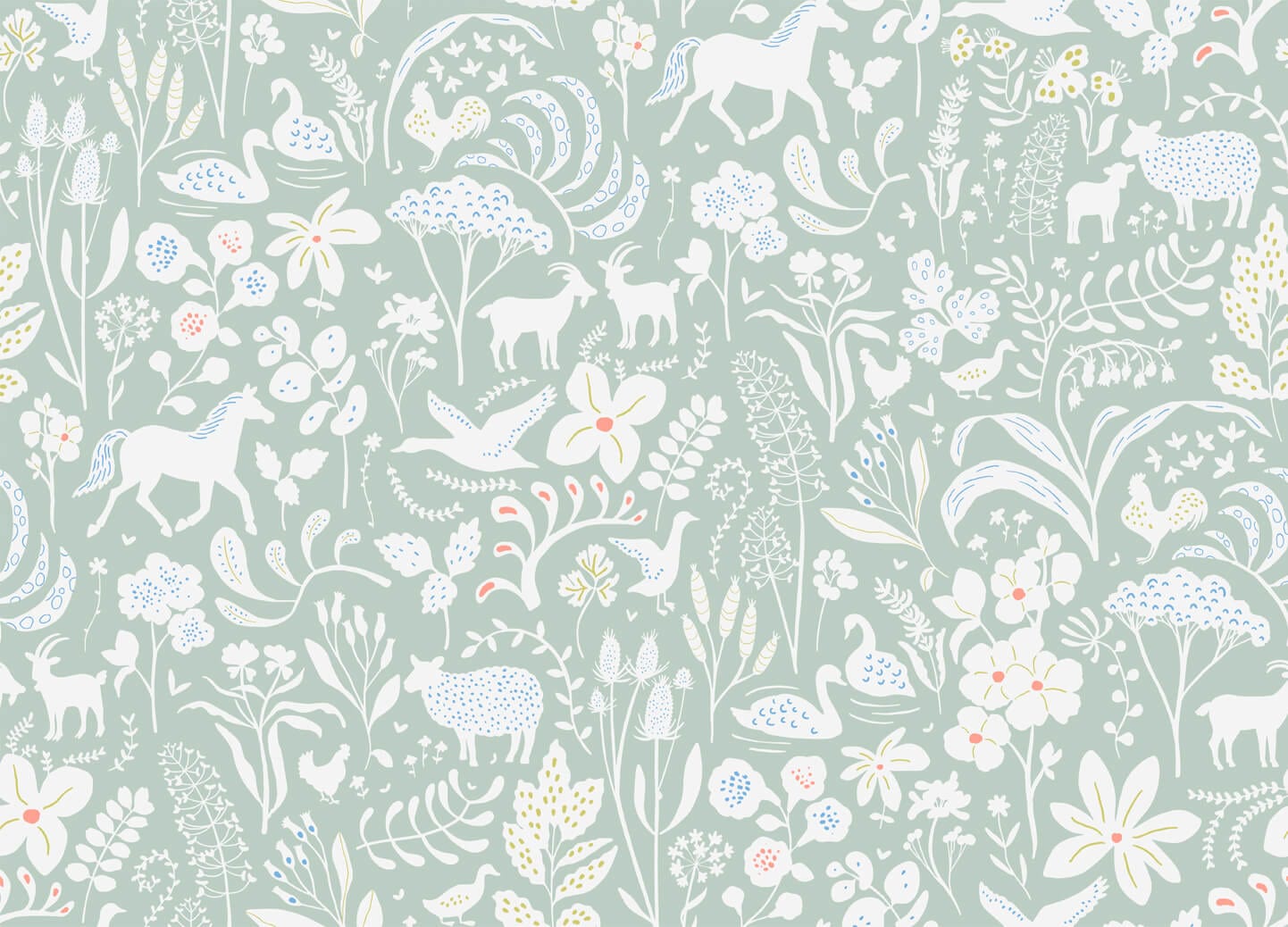 Wallpaper of white coloured flowers, leaves, swans, chickens, deers, ducks with a sage background