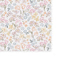Wallpaper of flowers in coral, green, yellow, blue and pink in a crayon drawn style.