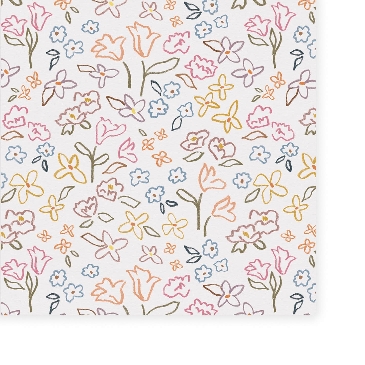 Wallpaper of flowers in coral, green, yellow, blue and pink in a crayon drawn style.