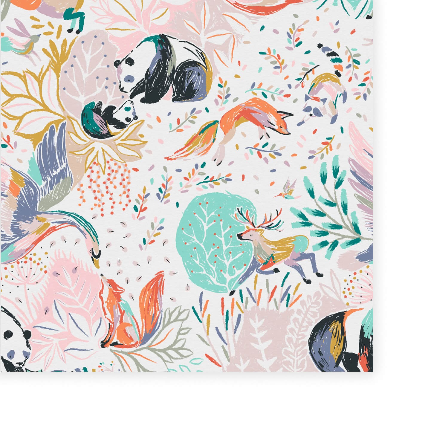 Wallpaper of a mummy panda and baby panda, a leaping deer, a fox, swan, racoon, rabbit with floral artwork surrounding.