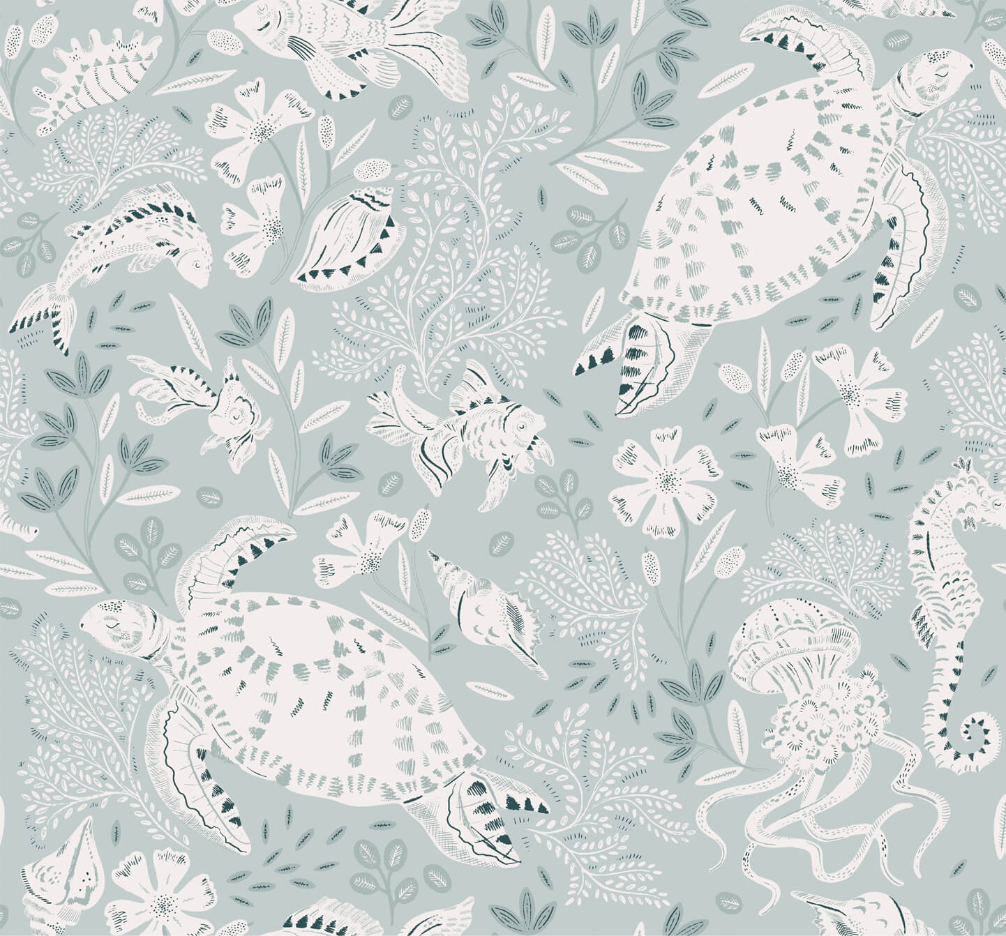 Ocean inspired wallpaper of a white swimming turtle, shells and fish with leaves and flowers. Blue background.