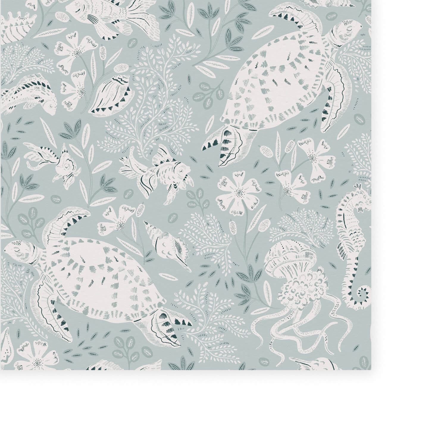 Ocean inspired wallpaper  of a white swimming turtle, shells and fish with leaves and flowers. Blue background.
