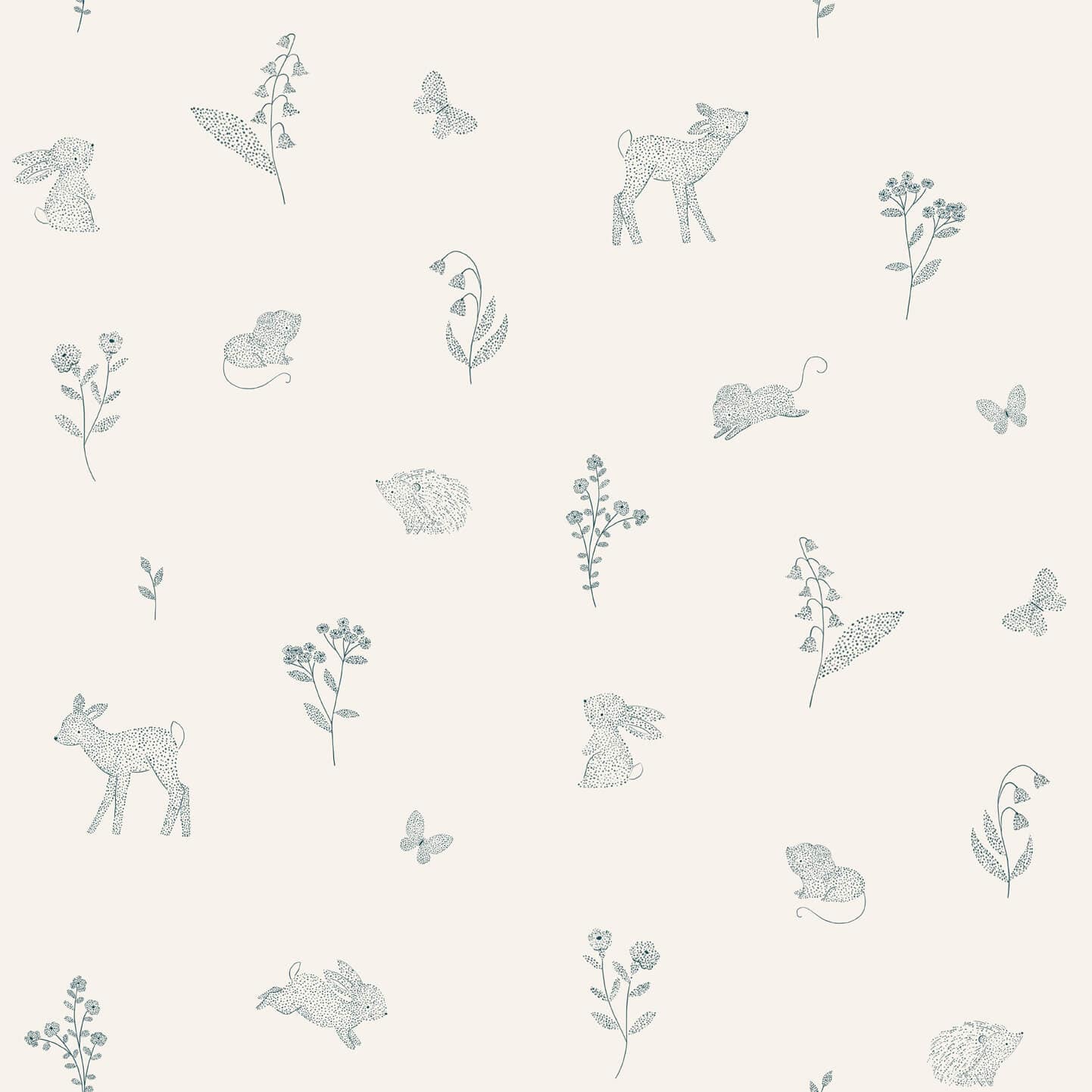 Wallpaper of a deer, hedgehog, mouse, butterfly and flowers all in dot work. Cream background.