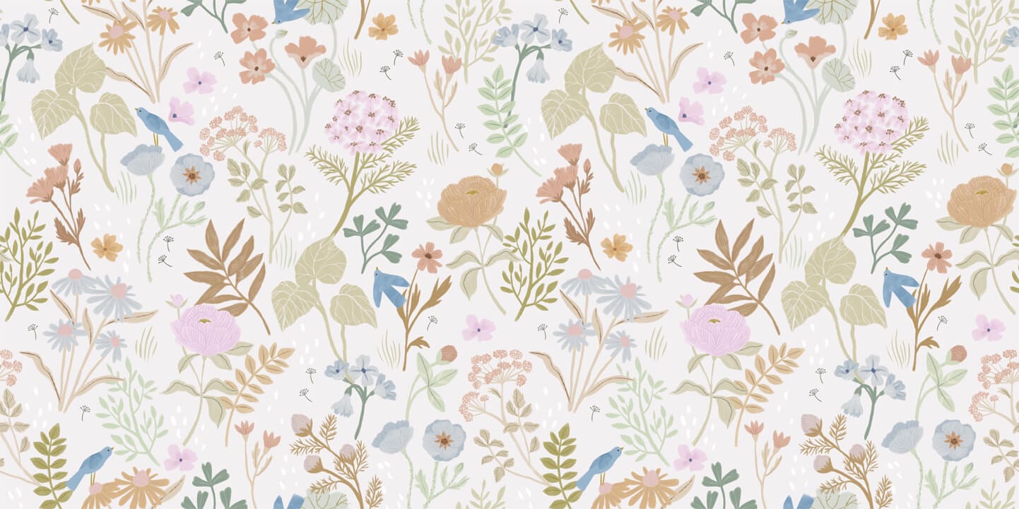 Wallpaper of soft floral artwork in pastels, neutrals. Blue birds sitting atop of some flowers.