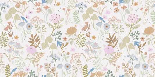 Wallpaper of soft floral artwork in pastels, neutrals. Blue birds sitting atop of some flowers.