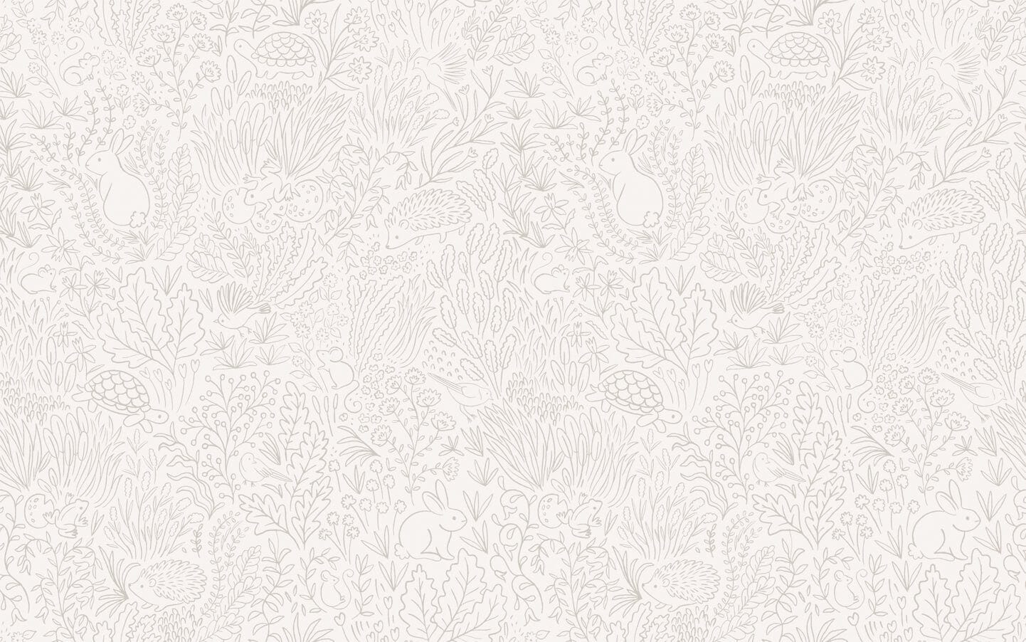 Wallpaper of Grey line work animals and florals such as rabbits, hedgehogs, frogs, tortoise, mice and birds.