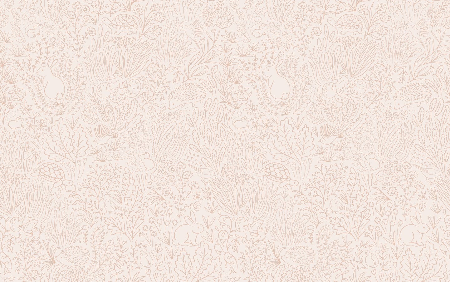 Wallpaper of Orange line work animals and florals such as rabbits, hedgehogs, frogs, tortoise, mice and birds.