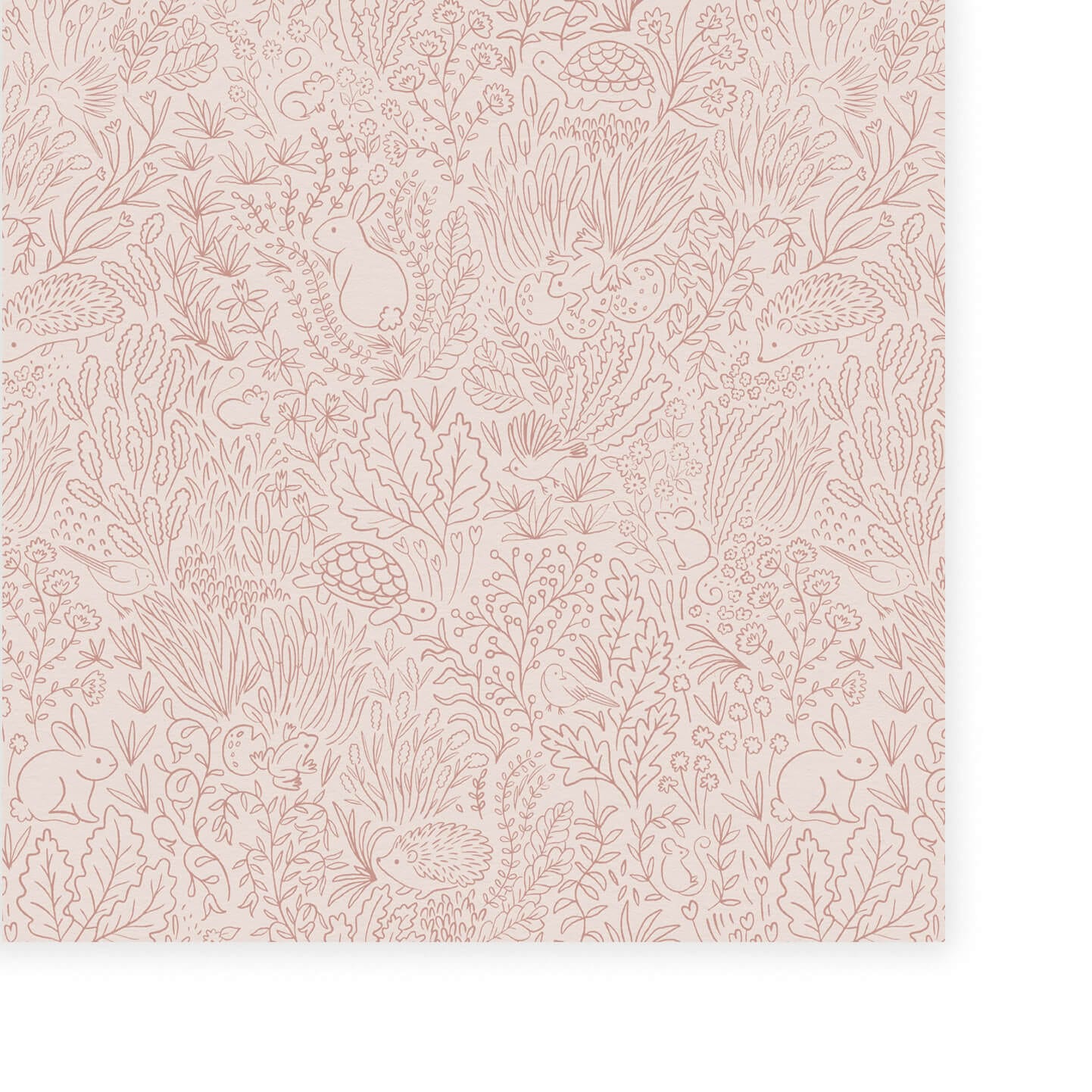 Wallpaper of pink line work animals and florals such as rabbits, hedgehogs, frogs, tortoise, mice and birds.