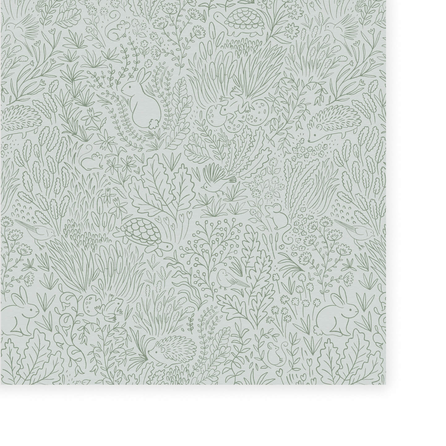Wallpaper of sage green line work animals and florals such as rabbits, hedgehogs, frogs, tortoise, mice and birds.