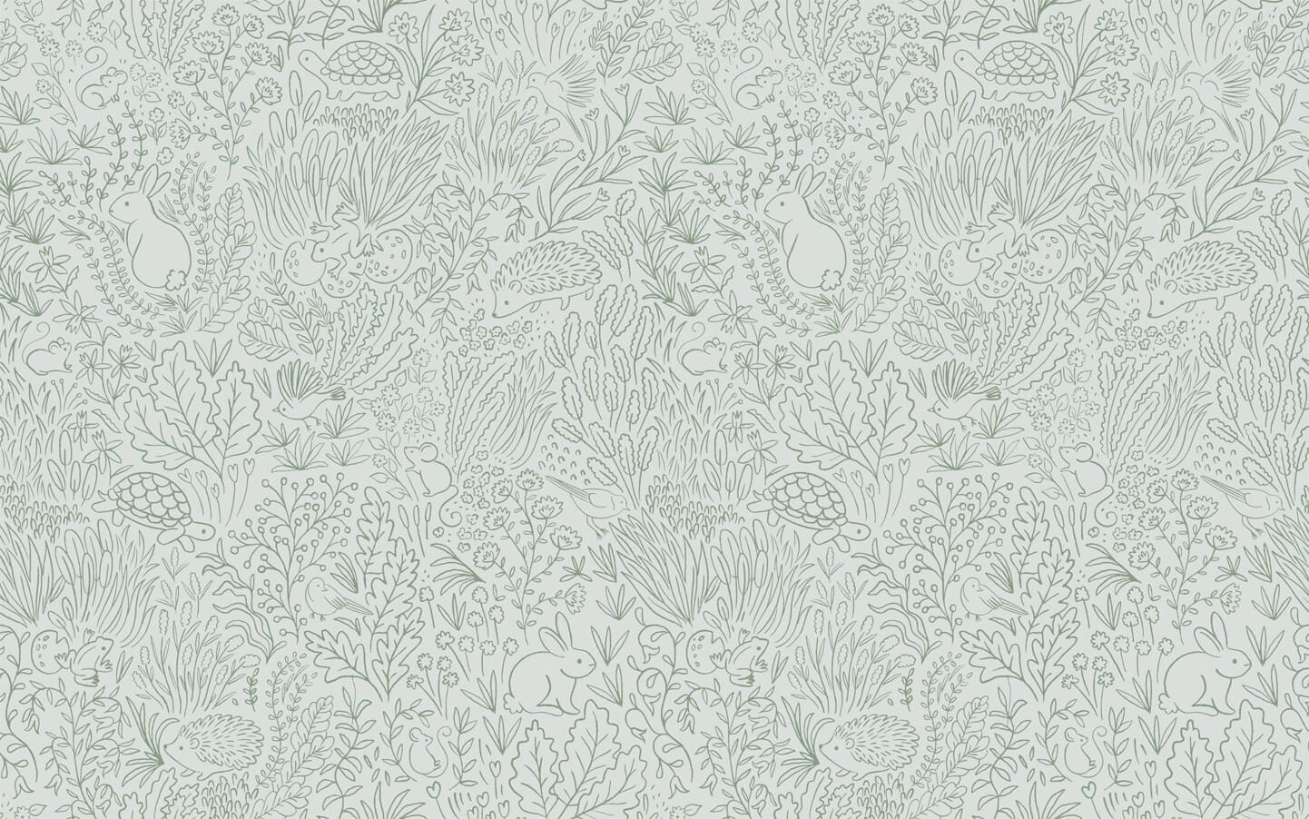 Wallpaper of sage green line work animals and florals such as rabbits, hedgehogs, frogs, tortoise, mice and birds.