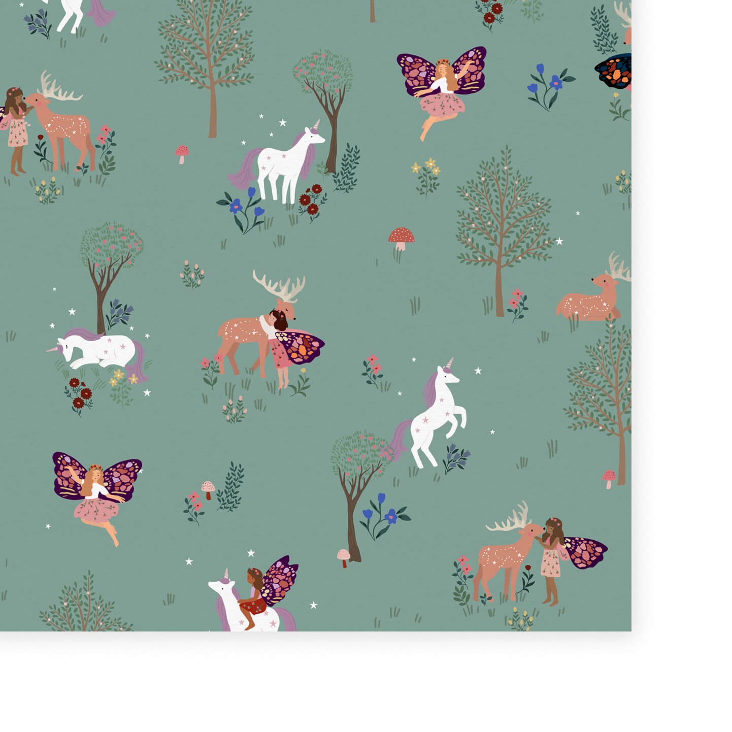 Wallpaper of a Green magical forest with white and purple unicorns, red and white toadstools, brown deers and delicate fairies. Flowers and trees.