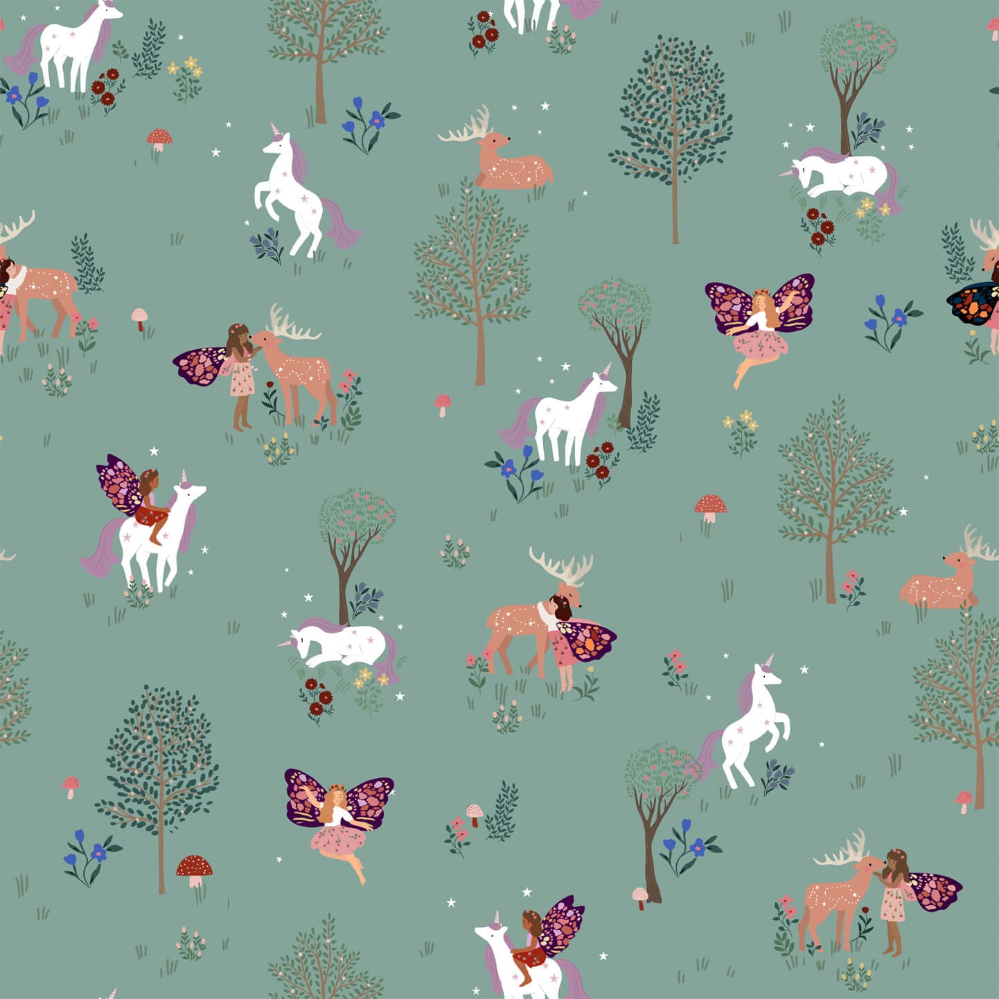 Wallpaper of a Green magical forest with white and purple unicorns, red and white toadstools, brown deers and delicate fairies. Flowers and trees.