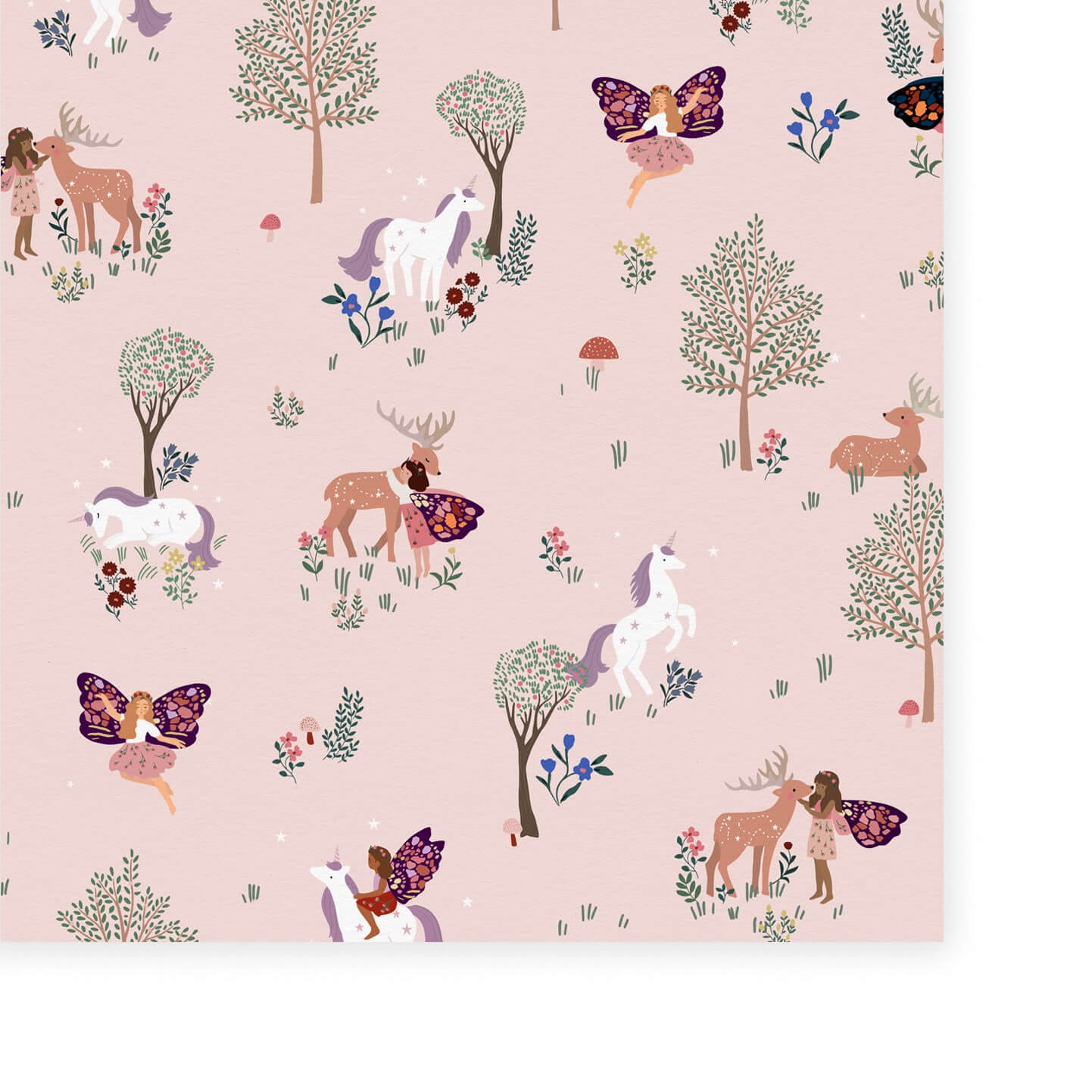 Wallpaper  of a magical forest with white and purple unicorns, red and white toadstools, brown deers and delicate fairies. Flowers and trees with a pink background.