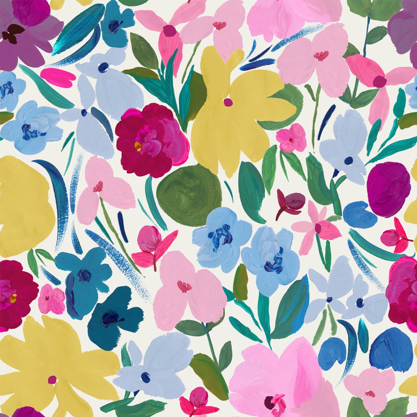 Wallpaper of large flowers in yellow, pink, blue and fuchsia with green stalks and leaves.