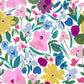 Wallpaper of flowers in yellow, pink, blue and fuchsia with green stalks and leaves.