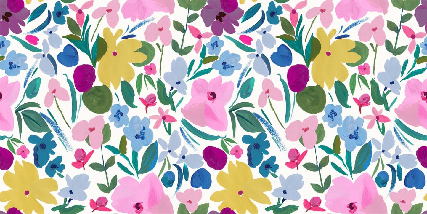Wallpaper of flowers in yellow, pink, blue and fuchsia with green stalks and leaves.