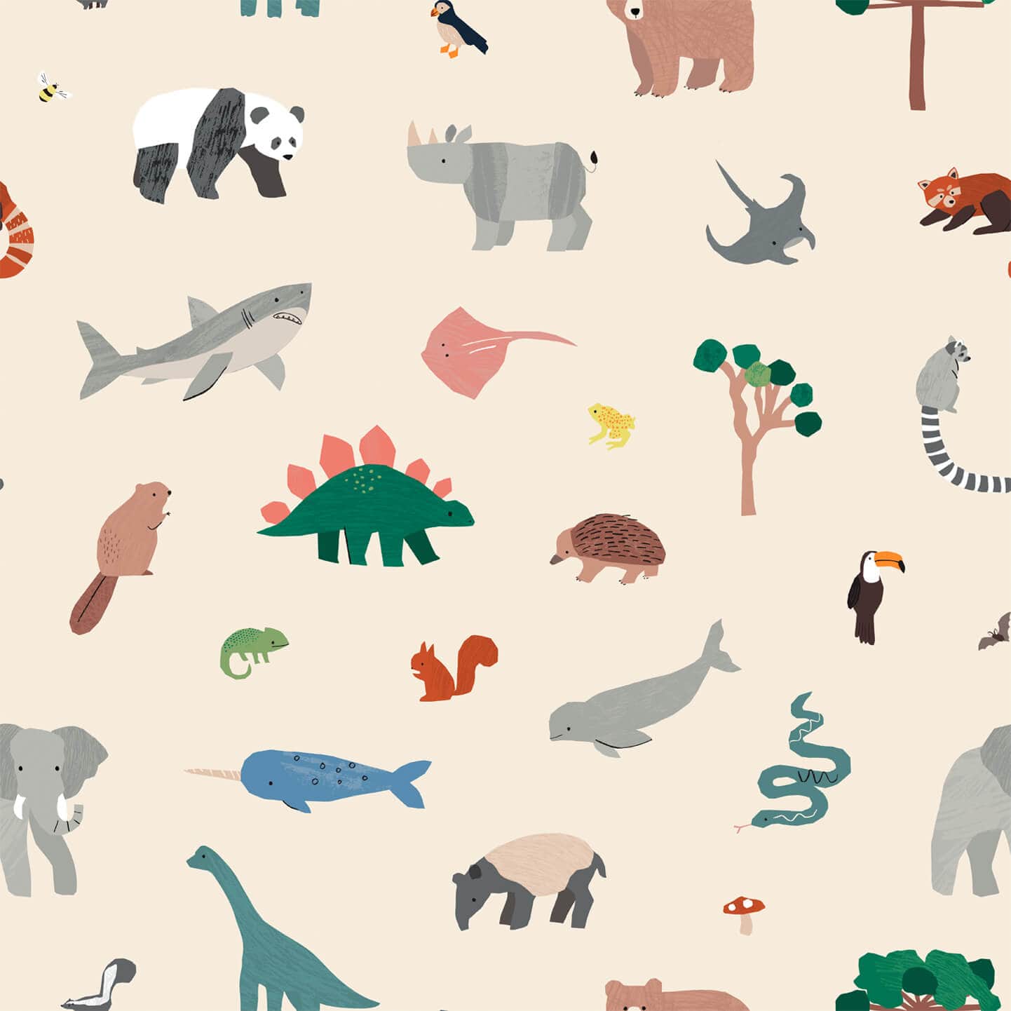 Wallpaper of multiple animals such as Pandas, Rhinos, Sharks, Dinosaurs, Squirrels, Frogs, Manta rays, Bears, Chameleons and trees with a cream background.