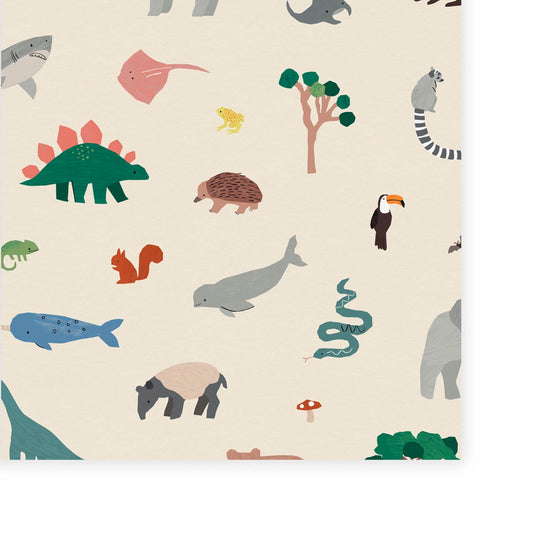 Wallpaper of multiple animals such as Pandas, Rhinos, Sharks, Dinosaurs, Squirrels, Frogs, Manta rays, Bears, Chameleons and trees with a cream background.