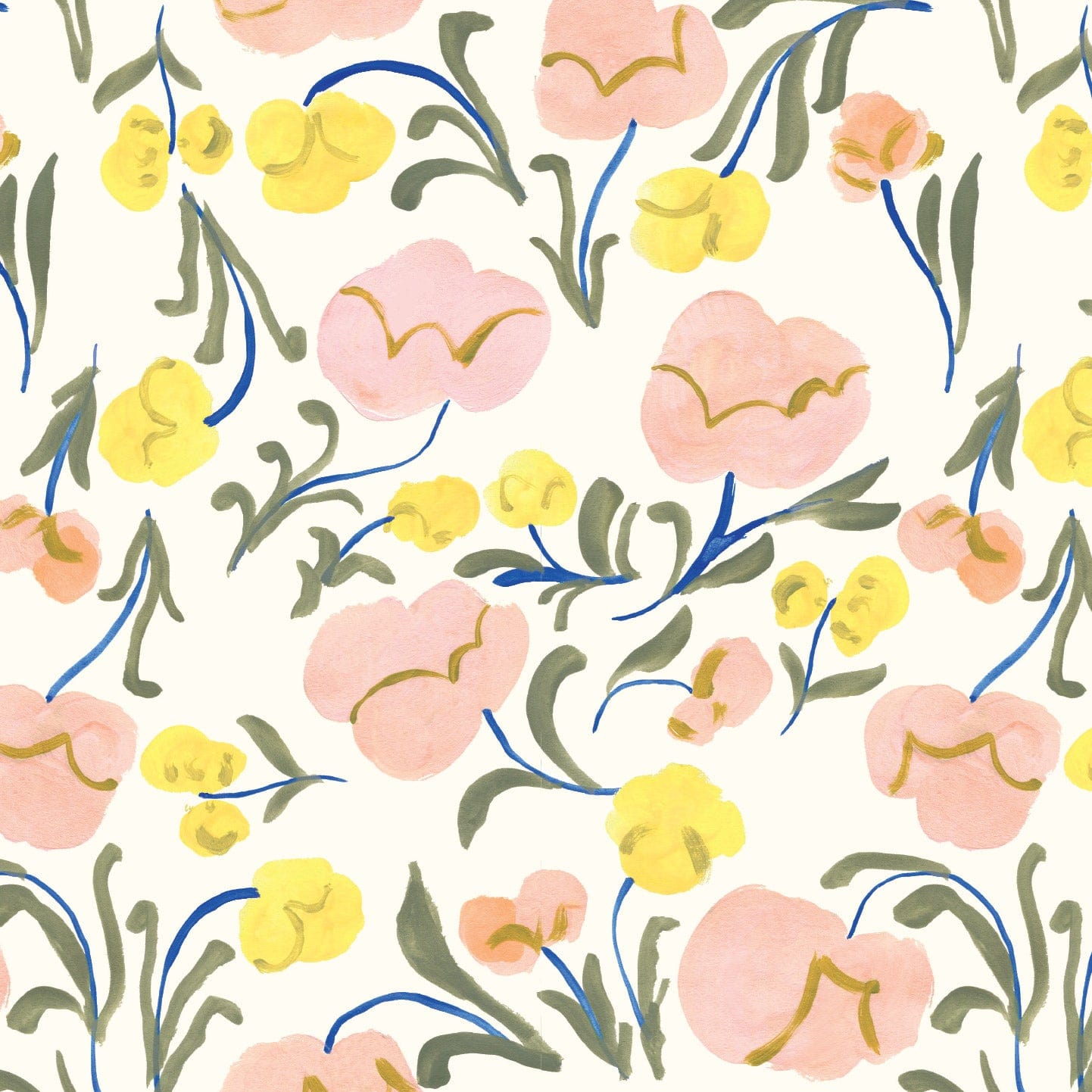 Floral wallpaper sample with pink and yellow flowers, blue stems and green leaves