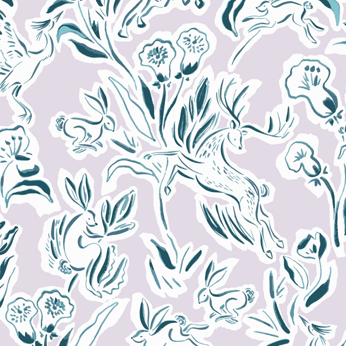 Wallpaper sample of teal deers, rabbits and flowers with a pastel purple background. 