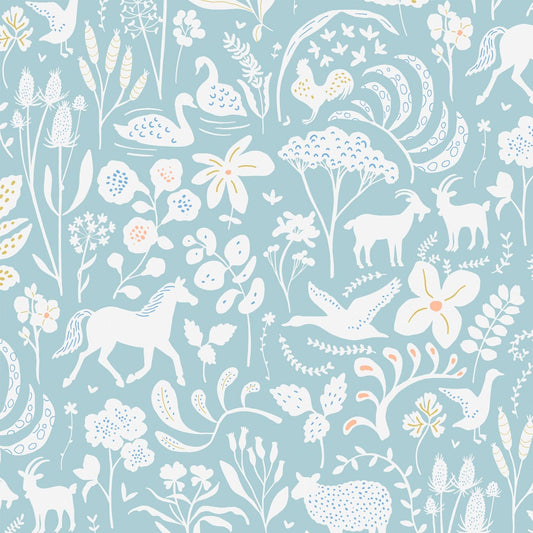 Wallpaper sample of white flowers, leaves, swans, chickens, deers, ducks with a blue background.